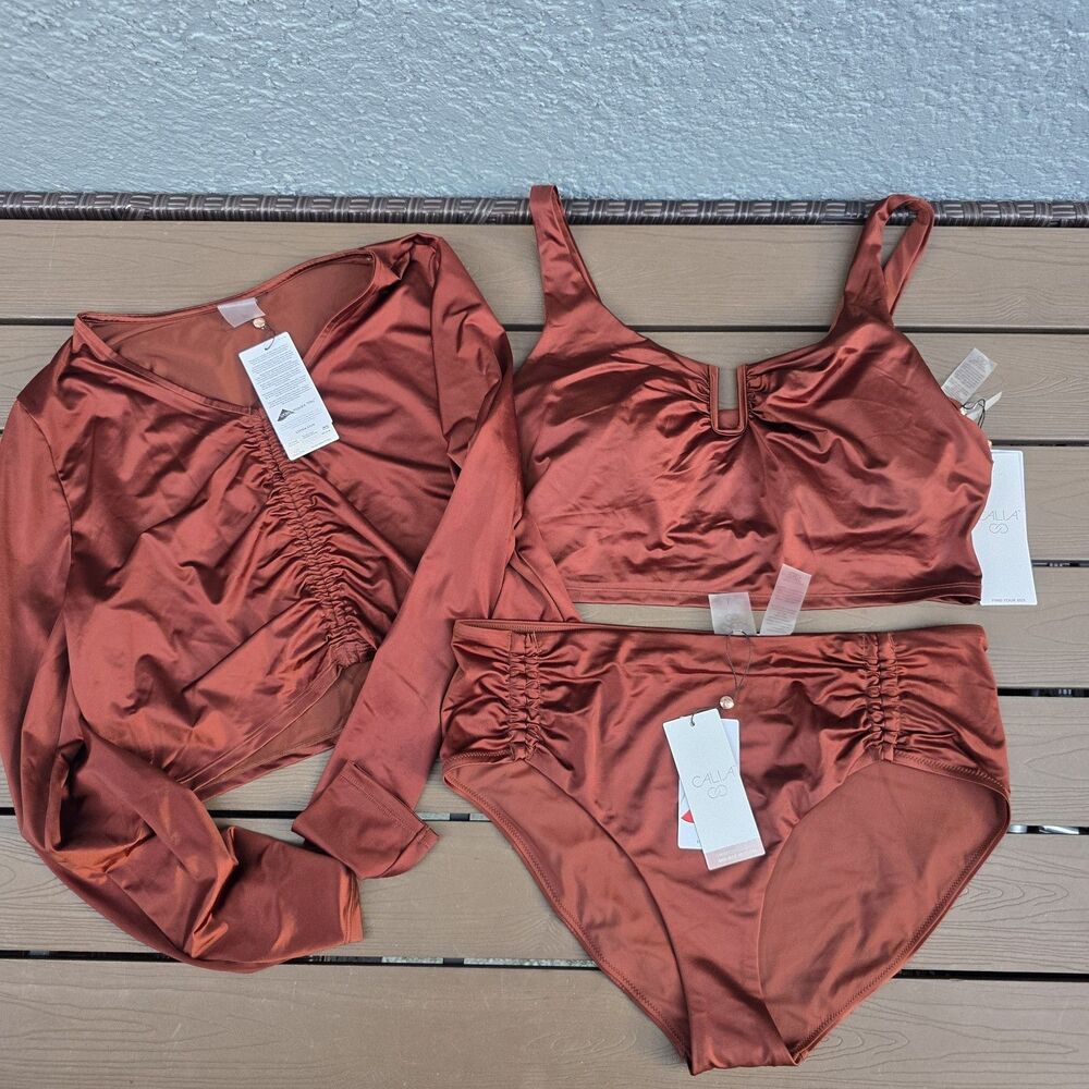 CALIA Brown Shine Rash Guard & U-bar Long Line Top W/Tie Front Bikini Sz L New